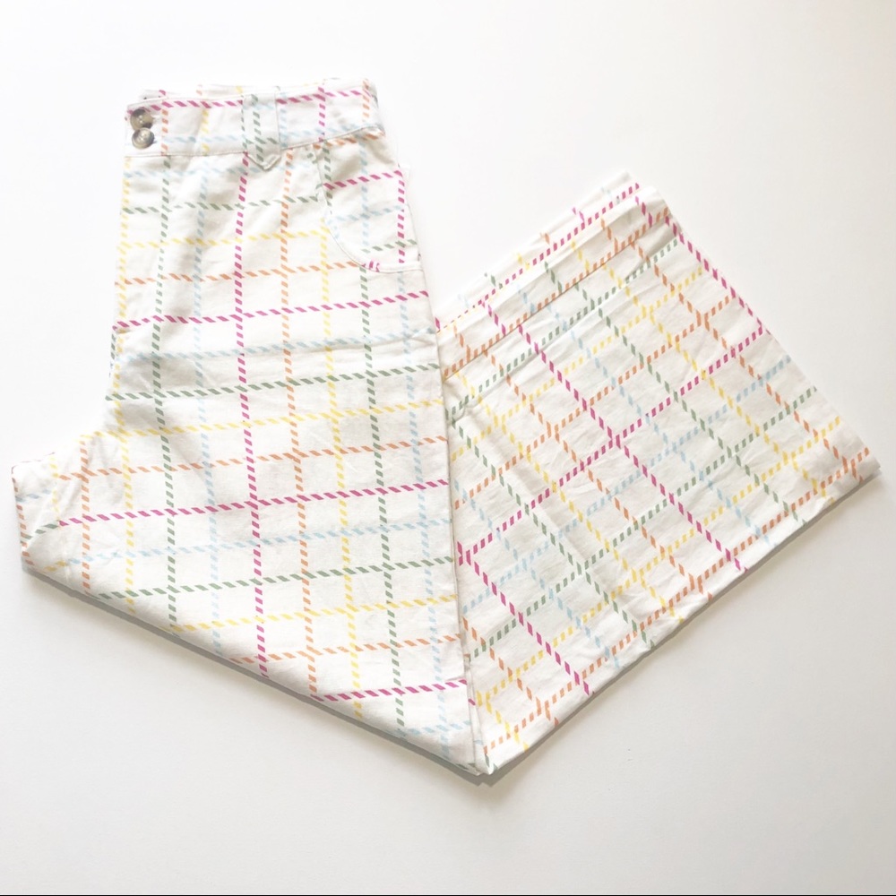 Modcloth Wide Leg Rainbow Plaid Pants Linen Blend Sz 8